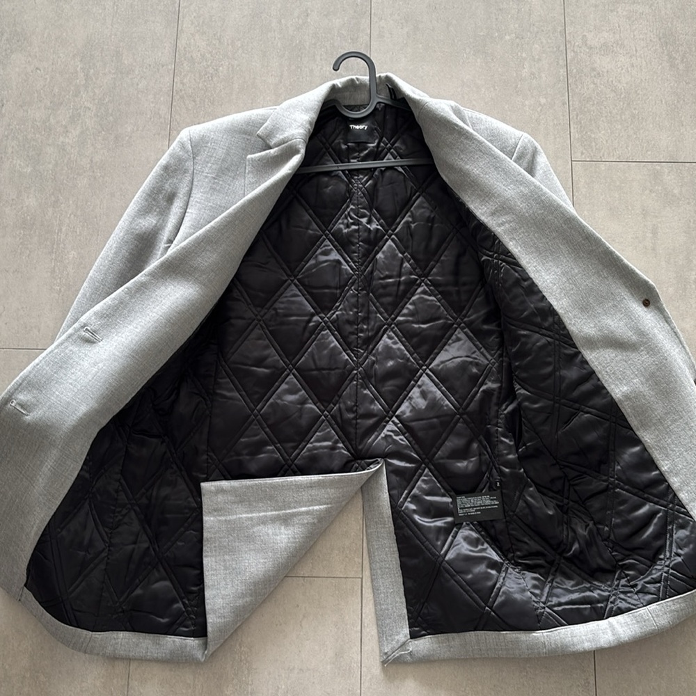 Theory Gray Coat with Notched Lapels, quilted interior and Structured Shoulders